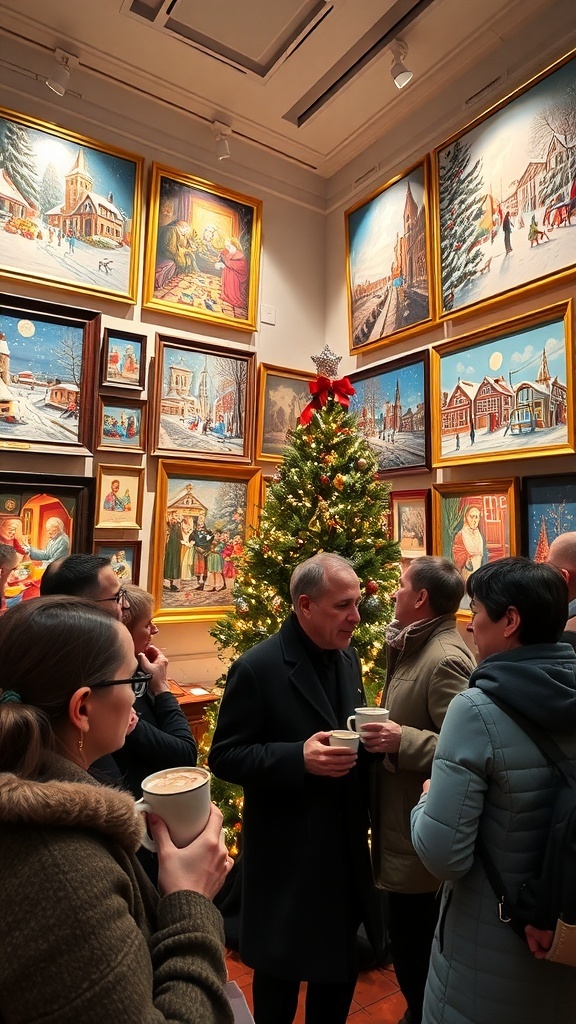 Art gallery in London featuring Christmas-themed paintings with visitors admiring the festive artworks.